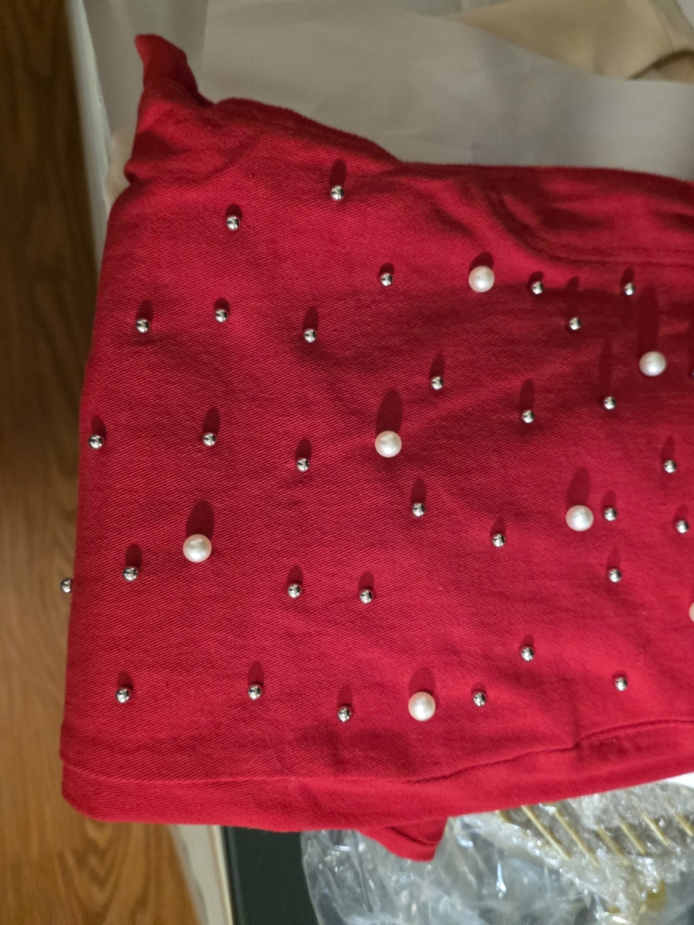 Red Embellished Women’s Jeans with Pearl and Rhinestone Accents